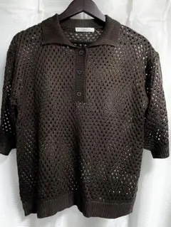 Mサイズ 新品 サマーニット 半袖 メッシュ ポロニット 透かし編み ブラウンのサムネイル