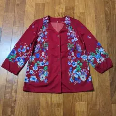 花柄デザインのエプロン　割烹着　赤