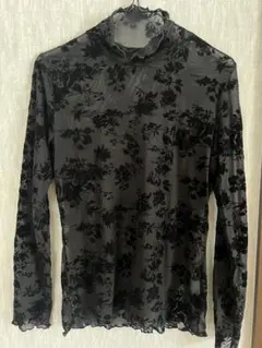 フロッキーハイネックシアートップスベロア花柄ブラックシースルーL