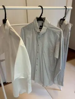 メンズシャツ、ホワイト ストライプ 長袖シャツ、半袖