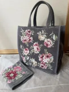 【LAURA ASHLEY】 新品 シェニール織 花柄 ハンドバッグ ハンカチ