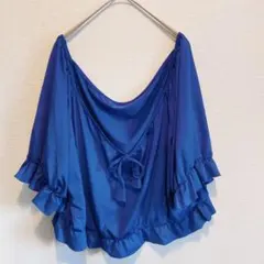 フリル付き青トップス ブルー リボン ゆったり 大きめ エレガント