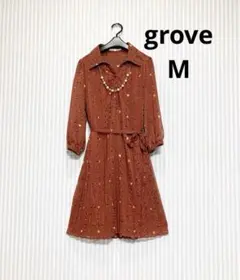 レディースワンピース レンガ色 プリント柄 ワンピース groveワンピース