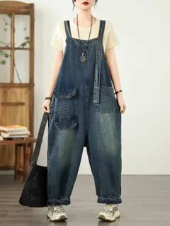 サロペット デニム オーバーオール ゆったり 体型カバー オールインワン 着痩せ