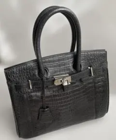 本革　ハンドバッグ　黒　クロコダイル風　型押し