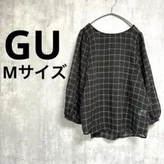GU シアーチェックシャツ 白黒 ブラック ６分袖 レディース ブラウス 丸襟