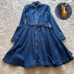 ポロラルフローレン　鹿の子　デニムワンピース　シャツ　フレア　ベルト　ポニー刺繍
