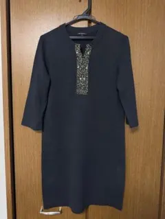 23区 ビジュー付き 麻混ニットワンピース ブラック 38 七分袖