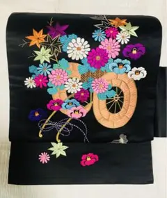 【訳あり商品】手先無しの2部式アンティーク帯　御所車・お花柄刺繍
