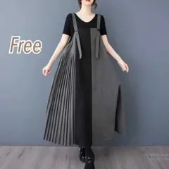 グレー　プリーツ　アシメ　キャミワンピース　バイカラー　体型カバー