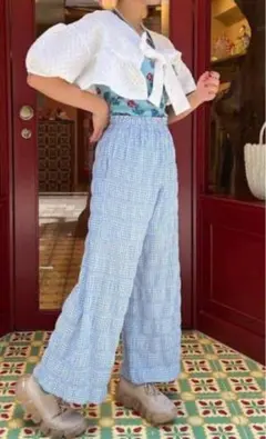 poppy ギンガムチェックイージーパンツ ブルー　Sサイズ　02