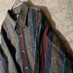 【個性派古着】ストライプ柄 着物生地 紬 長袖シャツ M~L マルチカラー