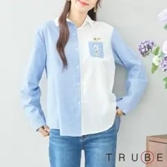 TRUBE  猫刺繍ストライプ切り替えシャツ