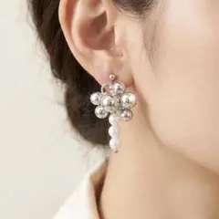 89【大ぶり】ステンレス つぶつぶ ビーズ パール アシメ ハンドメイドピアス