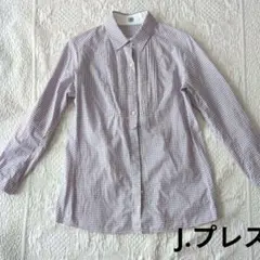 J.プレス　長袖チェックシャツブラウス　綿100%　パープル　ウエストリボンのサムネイル
