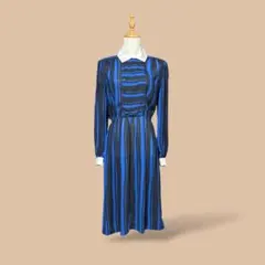 ヴィンテージストライプドット柄シアーシャツワンピースロングブルー80s昭和レトロ