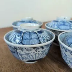 【2】古伊万里　染付 蓋付き飯碗 4客　吉祥紋　手描き 2】古伊万里 染付 蓋付き飯碗 4客 吉祥紋 手描き - メルカリ