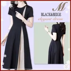 新品 シフォンワンピース ロング エレガント フォーマル ブラック×ベージュ M