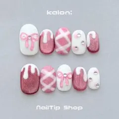 【96】ネイルチップ/リボン マグネット ピンク フレンチガーリー 推し活