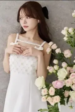 リボン付きフラワービジュー装飾バックレースアップ キャミワンピース