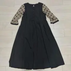 ワンピース ブラック 七分袖 ドット柄