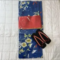 【新品未使用】浴衣　レディース　帯　下駄　セット　ブルー　青　花　綿