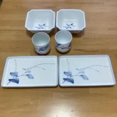 乃りたけ　和食器　長角皿　角小鉢　湯呑み　セット　大和の花シリーズ？　レトロのサムネイル
