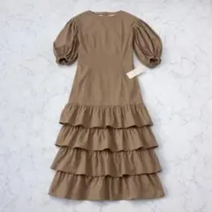 新品未使用 pinue ボリュームスリーブワンピース ブラウン フリル
