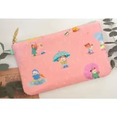 ハンドメイド　ユキエモン　レインポケット　ピンク　ふんわり　フラットポーチ【L】