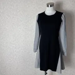 ミニ丈ワンピース　ストライプ　ブラック　長袖　フレア