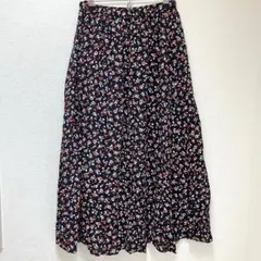 ユニクロ 花柄 ロングスカート M 裏地あり ネイビー オレンジ