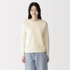 無印 MUJI 婦人 天竺編みクルーネック長袖Tシャツ ライトイエローボーダー