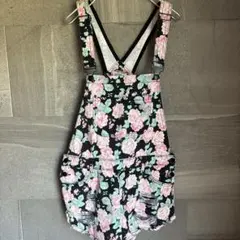 フォーエバー21 花柄 サロペット カットオフ 薔薇 M 黒桃緑 綿 夏フェス