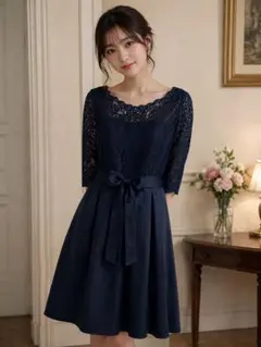 GIRL ネイビー リボンベルト付きレース&サテンフレア結婚式ワンピースドレスのサムネイル