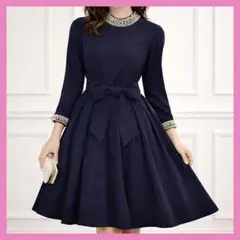 【美品】ルイルエブティック ビジュー パール フレアワンピース 濃紺 Lサイズ