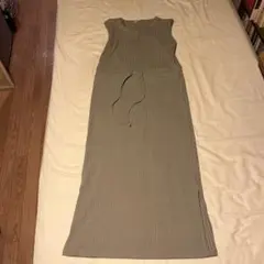 DouDouグレー ノースリーブ リブニット ロングワンピース