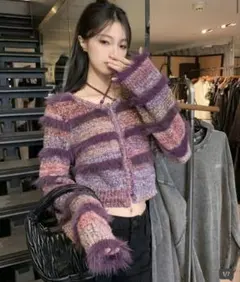 SHEIN Vネック パープルストライプ ニットカーディガン レディース、