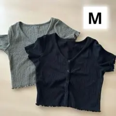 リブ編み ブラック Vネック シャツ M