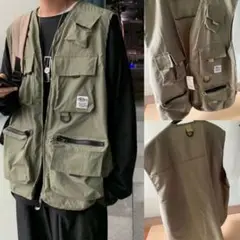 ベスト　カーキ　薄手ベスト　多ポケット　フリーサイズ　ビッグベスト