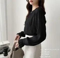 薄手ラウンドネックのシャーリングブラウス　シアー
