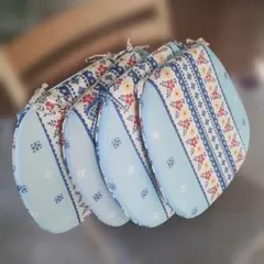 花柄青色椅子用クッション　ダイニングシートクッション　紐付きクッション4枚セット
