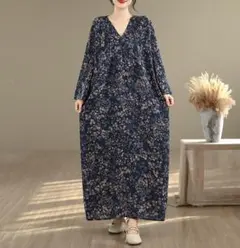 高級感 長袖 ビッグサイズ Vネック 薄手 プリント ロングワンピース