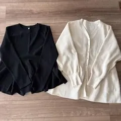 cocaスポンディッシュニットペプラムカーディガン エンボス長袖裾フレアトップス