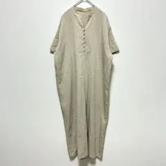 ヌナ　ロング丈　半袖ワンピース　バンドカラー　Vネック　ゆったり　体型カバー