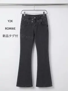 【新品タグ付】Y2K ROMWE スタッズ フレアデニムパンツ ブラック 76