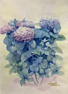 ♡たまみな♡水彩画 花瓶に生けられた紫陽花と小鳥さん　値段は※900円です ♡たまみな♡様専用水彩画 花瓶に生けられた紫陽花と小鳥さん 値段は
