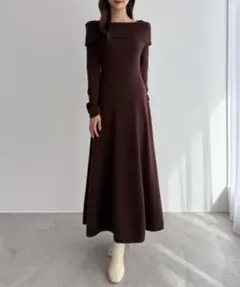 オフショル風スクエアネックロングニットワンピ