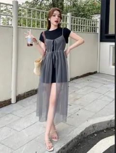 グレー シースルー チュールキャミワンピース　L 重ね着