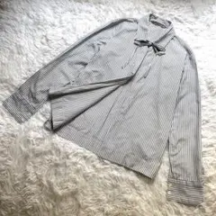 45r umii908 コットン ギャザー リボン ブラウス ストライプ ブルー