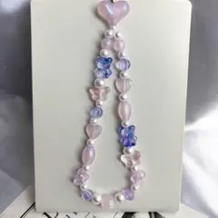 ビーズストラップ　ハンドメイド　ピンク　パープル系　くま　ハート